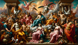 Peinture Renaissance italienne montrant les dieux olympiens avec leurs attributs iconographiques distinctifs : foudre de Jupiter, trident de Neptune, colombes de Vénus