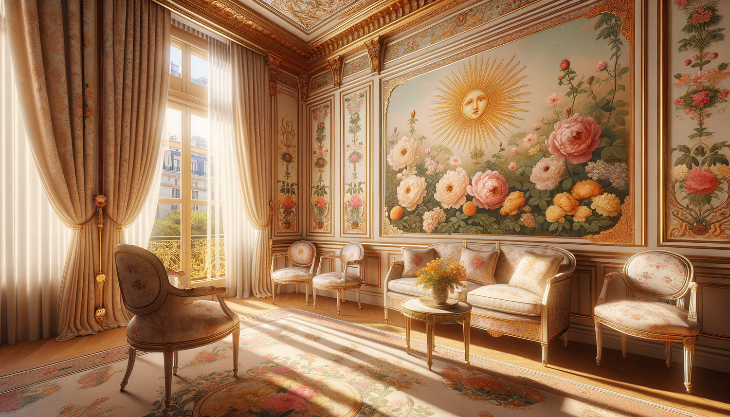 Chambre de palace Belle Époque avec iconographie florale adaptée à l'orientation solaire, lumière naturelle dorée