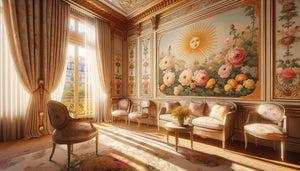Chambre de palace Belle Époque avec iconographie florale adaptée à l'orientation solaire, lumière naturelle dorée