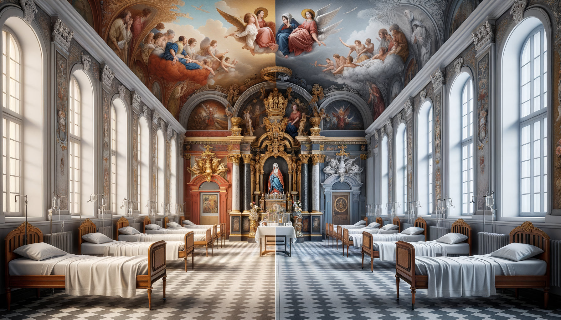 Contraste entre salle d'hôpital baroque catholique ornée de saints et salle protestante épurée, Europe 17ème-18ème siècles