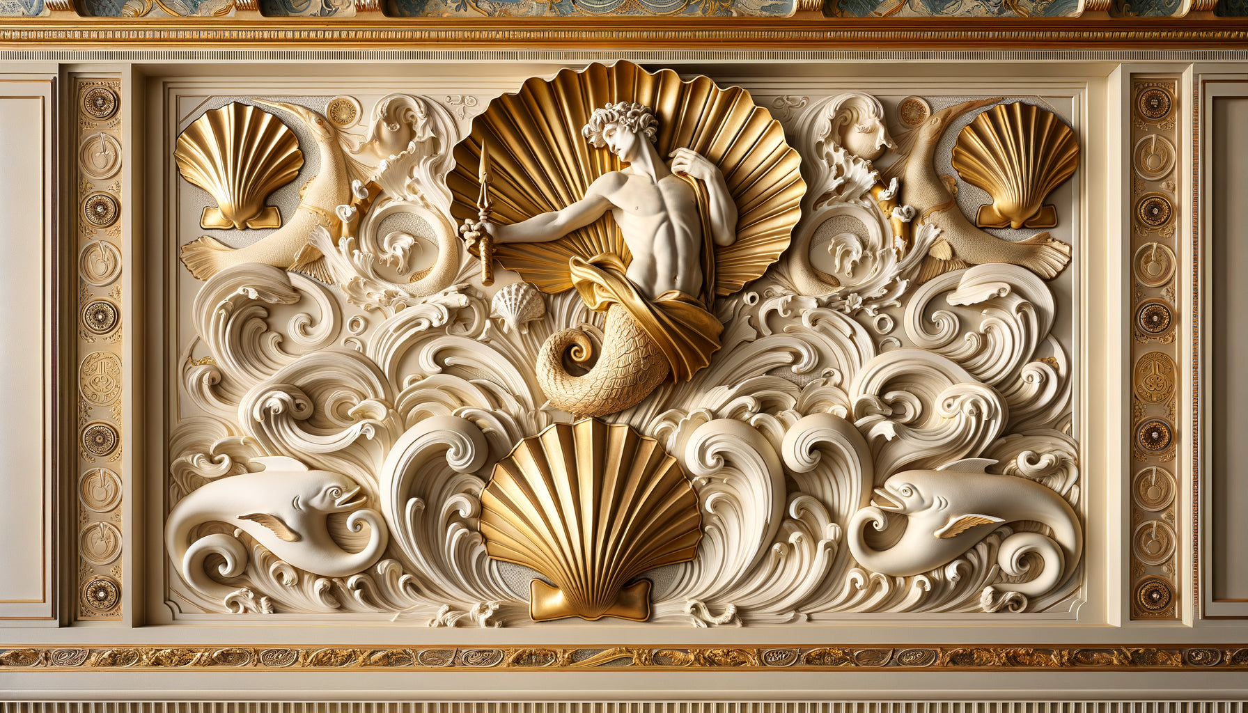 Détail architectural Belle Époque d'hôtel balnéaire avec iconographie maritime dorée : coquilles, dauphins et motifs océaniques sculptés, style 1900