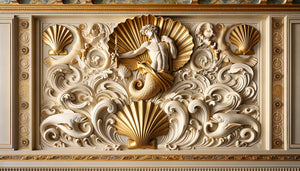 Détail architectural Belle Époque d'hôtel balnéaire avec iconographie maritime dorée : coquilles, dauphins et motifs océaniques sculptés, style 1900