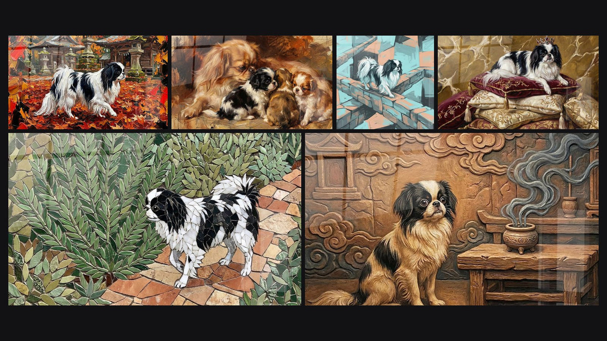 Mosaïque de six tableaux, dont Mère et Chiots aux Tons Dorés