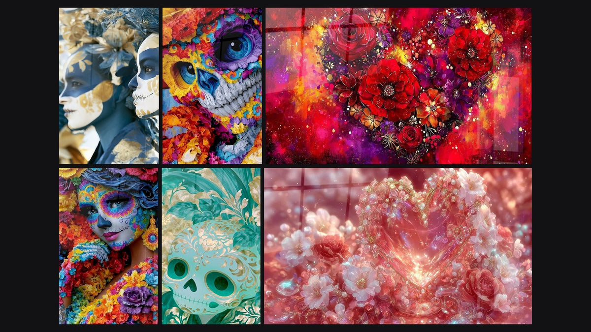 Mosaïque de six tableaux, dont Catrina bleue et jaune parée de fleurs et Cœur floral Cristaux de Tendresse