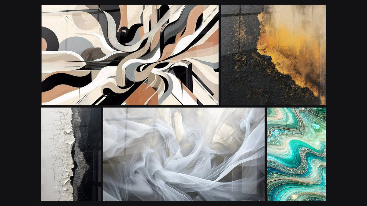 Mosaïque de cinq tableaux, dont Vibrations Graphiques, Texture Craquelée Blanc et Noir et Voiles de Lumière