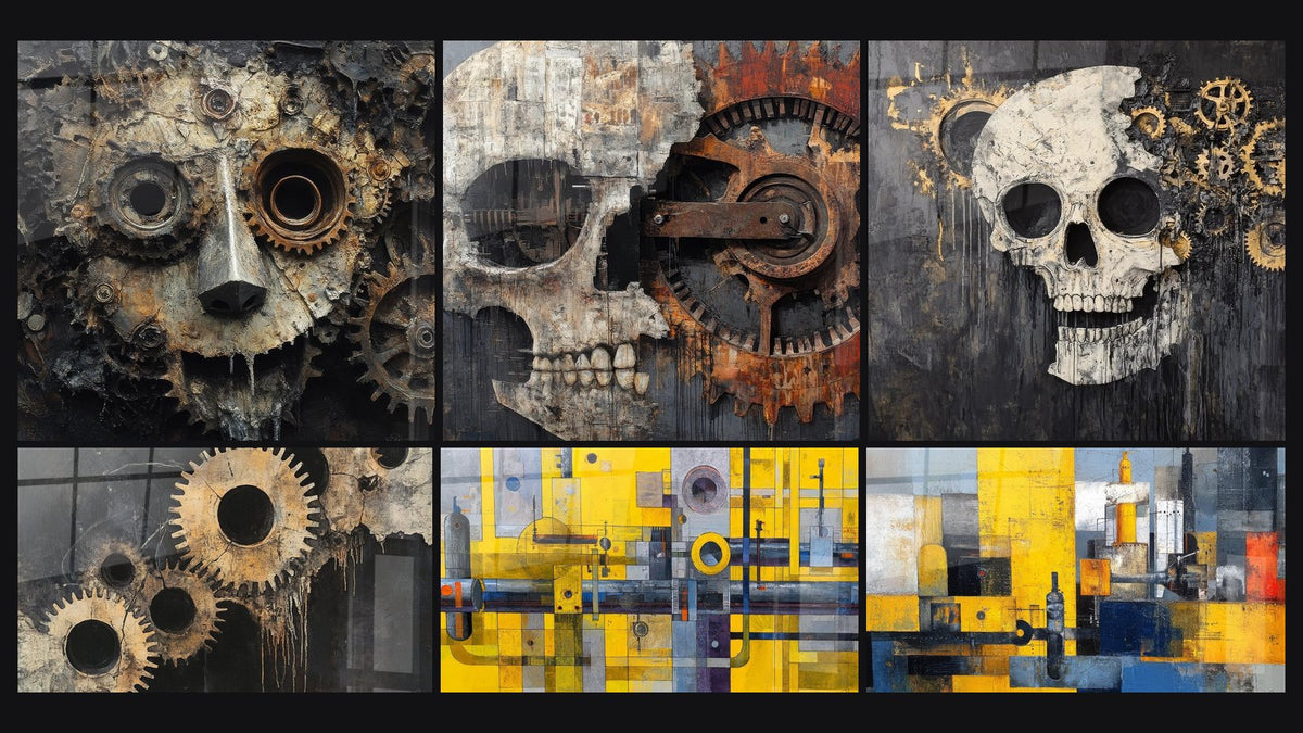 Mosaïque de six tableaux, dont Visage mécanique steampunk, Crâne mécanique et Engrenages mécaniques