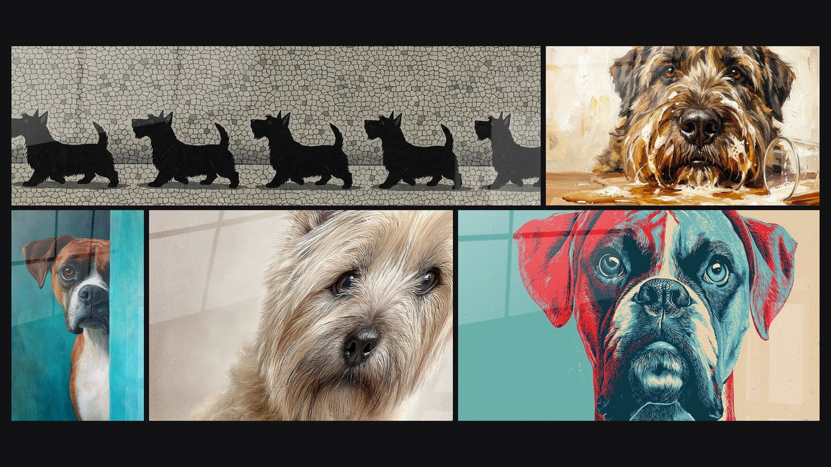 Mosaïque de cinq tableaux, dont Silhouettes de Chiens en Mosaïque Noire et Chien aux Yeux Ambrés avec Verre Renversé