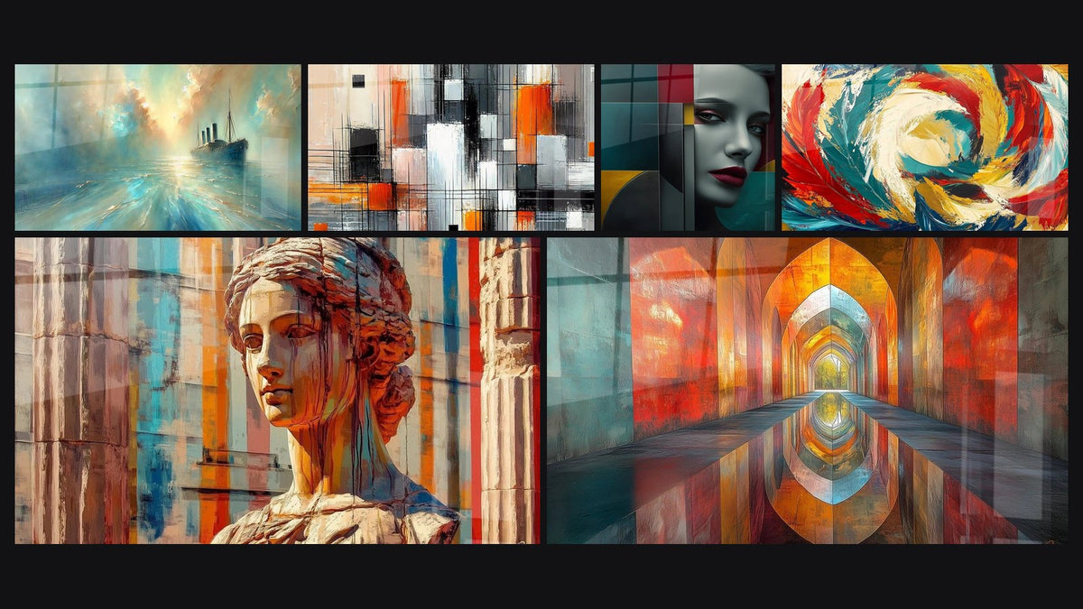 Mosaico di sei quadri, tra cui Nel Cuore della Brezza, Meccanica dei Colori e L'Anima dell'Arte