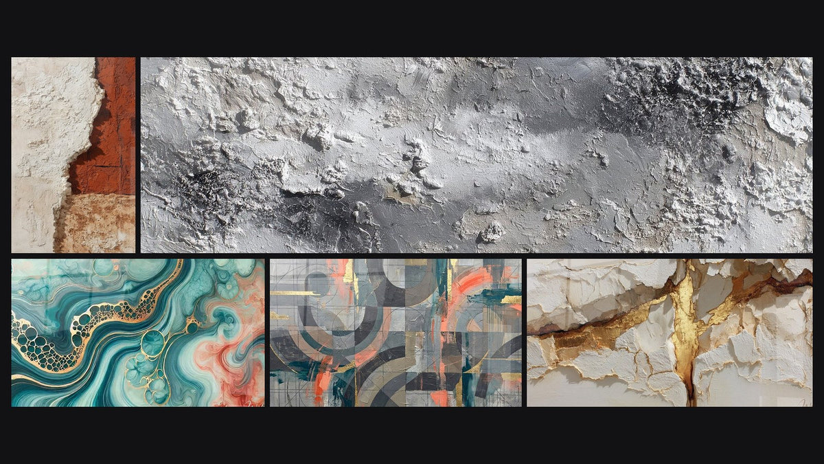Mosaico di cinque quadri, tra cui Marea di Acquerello e Cerchi grigi e corallo intrecciati