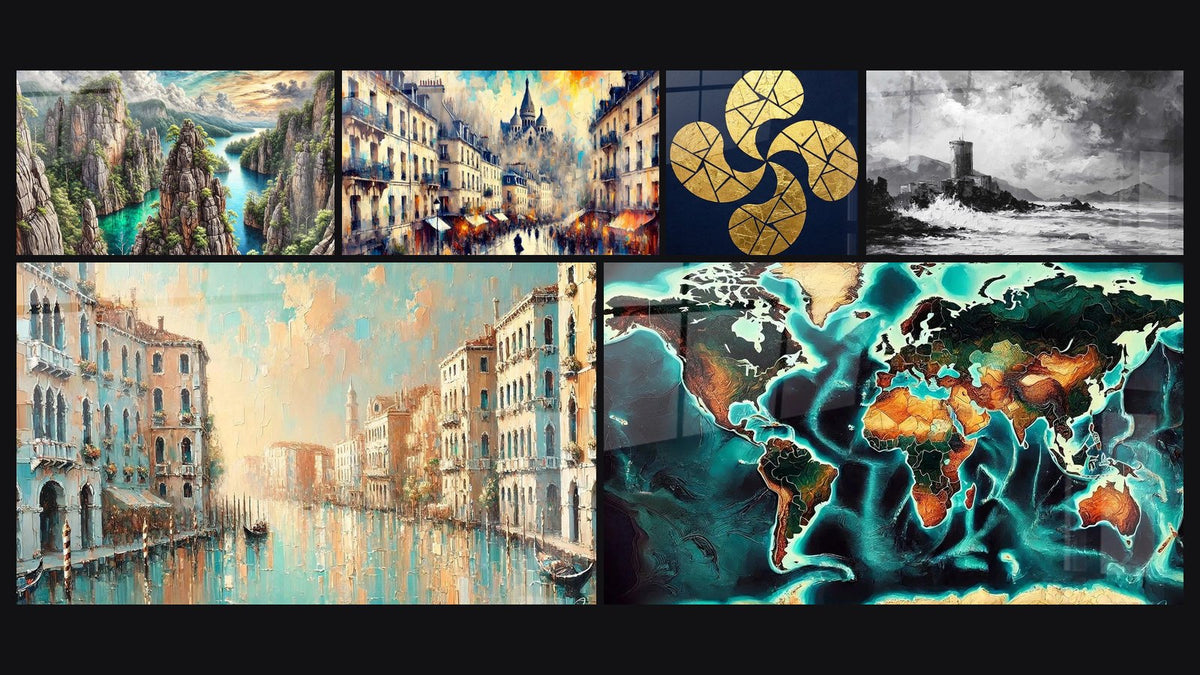 Mosaik aus sechs Gemälden, darunter Montmartre Kunstwerk Nr. 3, Venedig Bild Nr. 1 und Genuesischer Turm Maritim