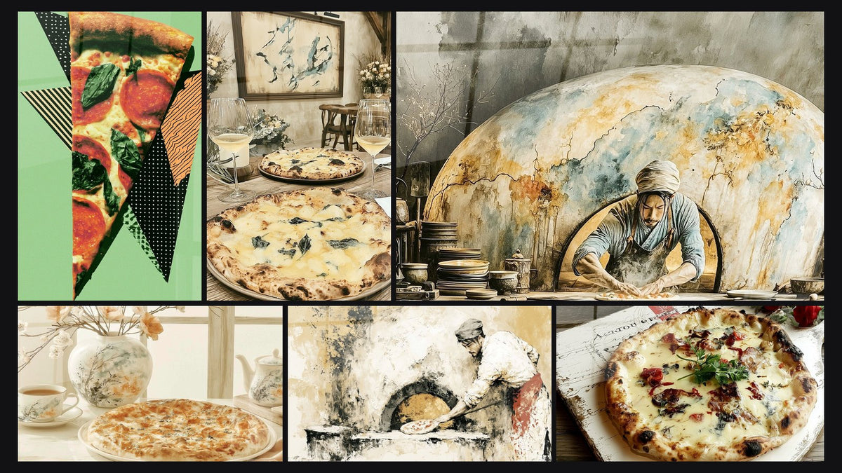 Mosaïque de six tableaux, dont Part de pizza triangles vert géométriques et Pizza margherita blanche croûte dorée