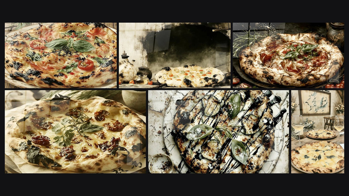 Mosaico de seis cuadros, entre ellos Pizza dorada y negra con tomates cherry y Pizza Dorada con Tomates Secos y Albahaca