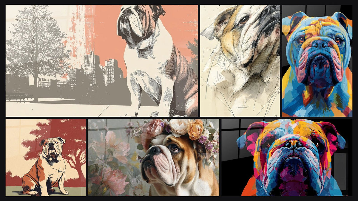 Mosaico de seis cuadros, entre ellos Bulldog Urbano sobre Fondo Coral y Gris y Bulldog Retrato Artístico Tonos Rojos