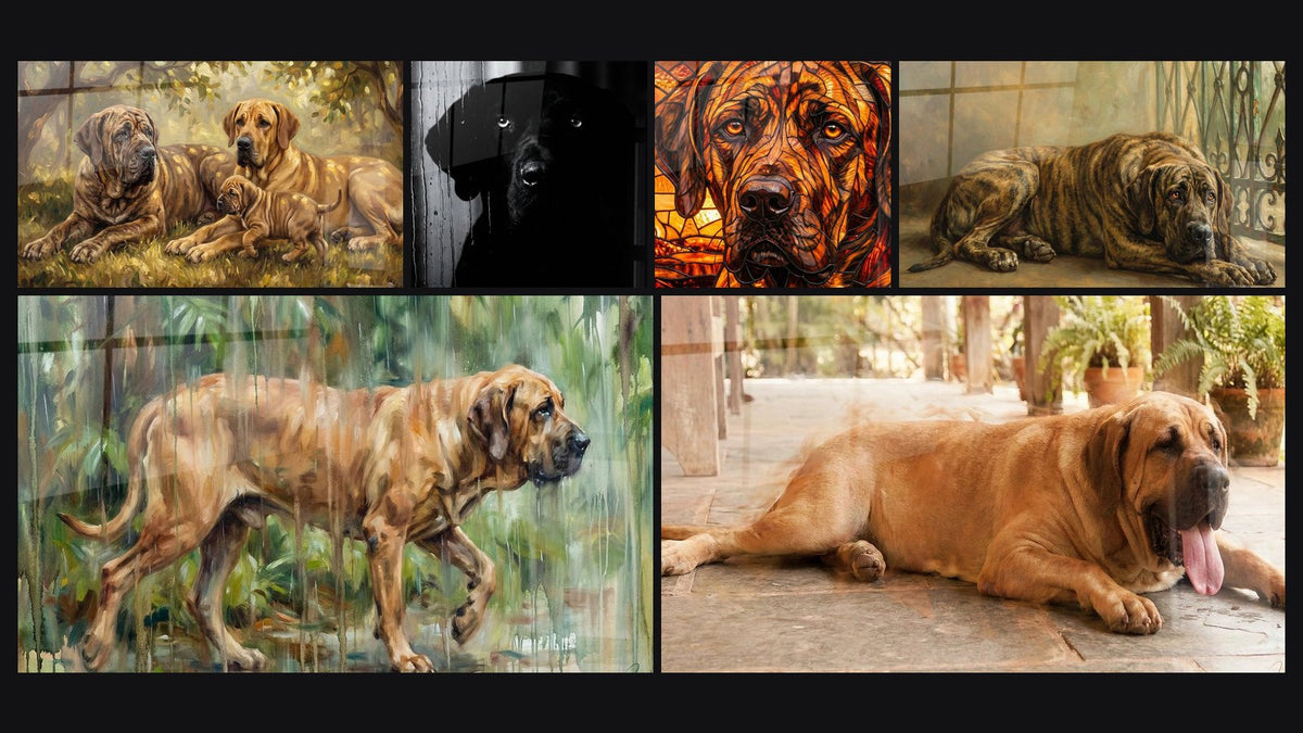 Mosaïque de six tableaux, dont Famille de Chiens sous l'Ombre Dorée et Chien Roux sous la Pluie dans la Forêt