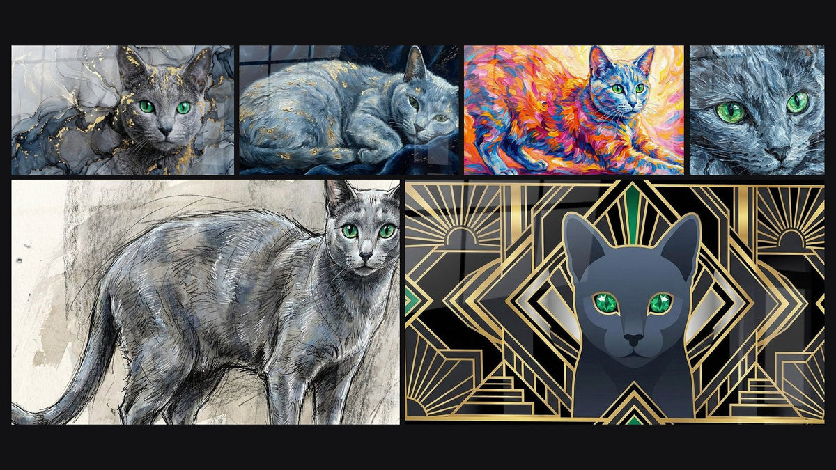 Mosaïque de six tableaux, dont Chat Russian Blue Yeux Verts, Chat Russian Blue Endormi et Chat Russian Blue