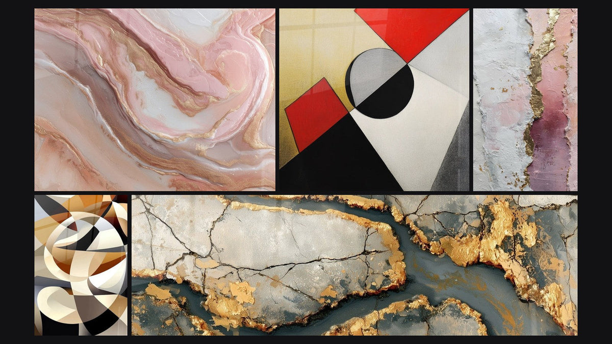 Mosaïque de cinq tableaux, dont Formes géométriques colorées et Formes circulaires entrelacées