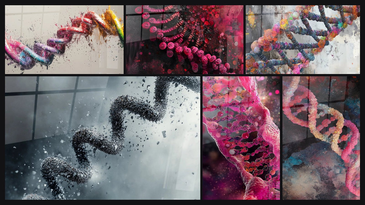 Mosaik aus sechs Gemälden, darunter DNA-Helix-Wandbild abstrakt und Farbiges DNA-Bild