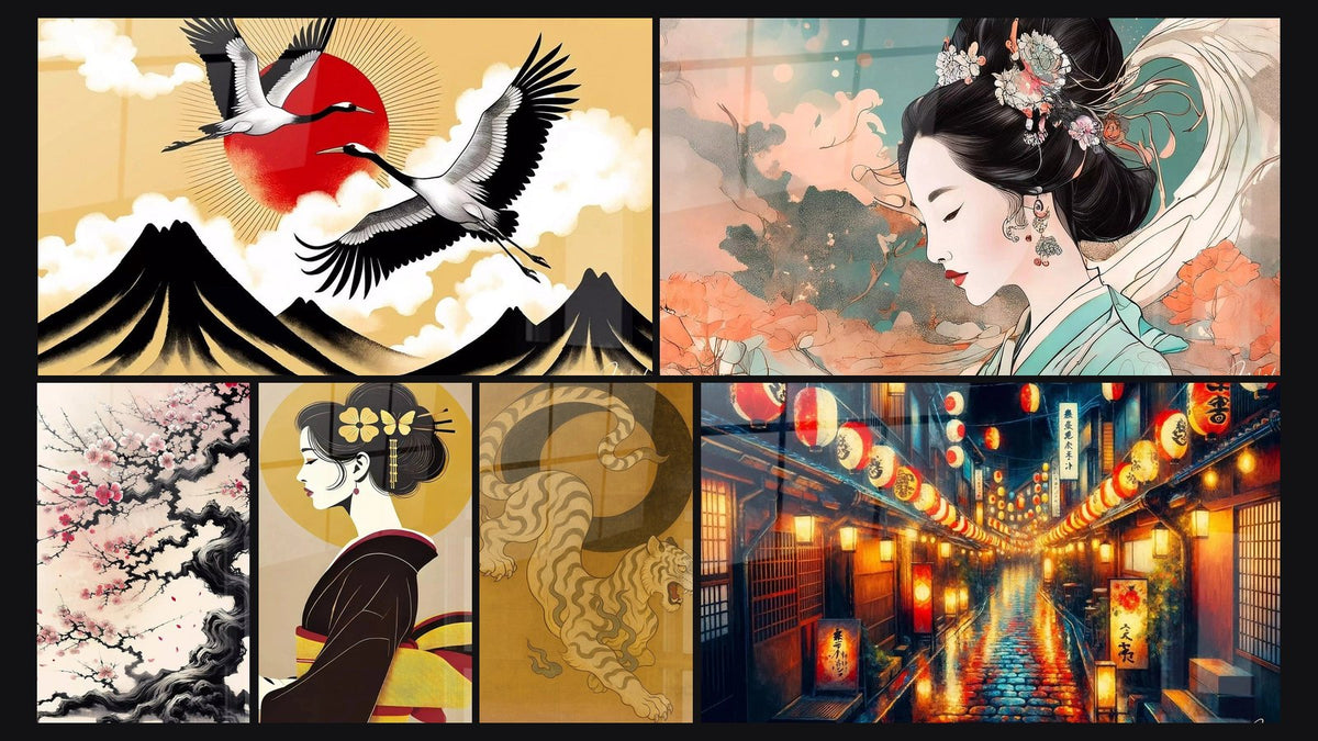 Mosaik aus sechs Gemälden, darunter Wandtafel Flug zur Sonne, Anmut des Kimono und Poesie des Windes