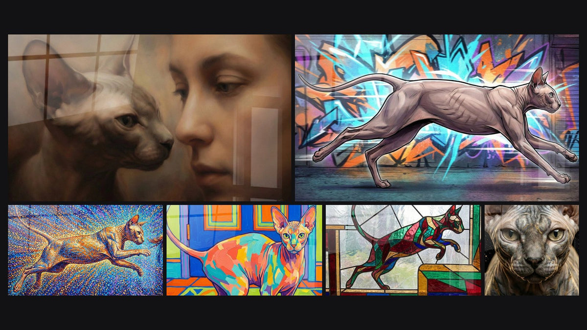 Mosaïque de six tableaux, dont Portrait Femme et Chat, Chat Ailé Pointillisme et Chat Peterbald Street Art