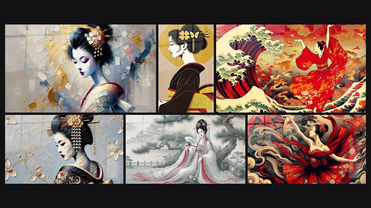 Mosaic of six paintings, including Geisha in Bloom, Kimono Grace and Spring Elegance