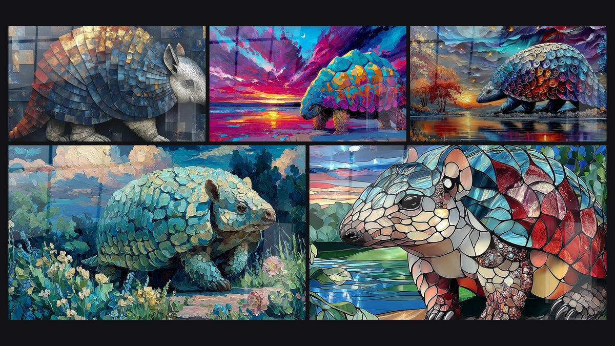 Mosaico de cinco cuadros, entre ellos Glyptodon Mosaico, Glyptodón Gigante y Glyptodón Fantástico