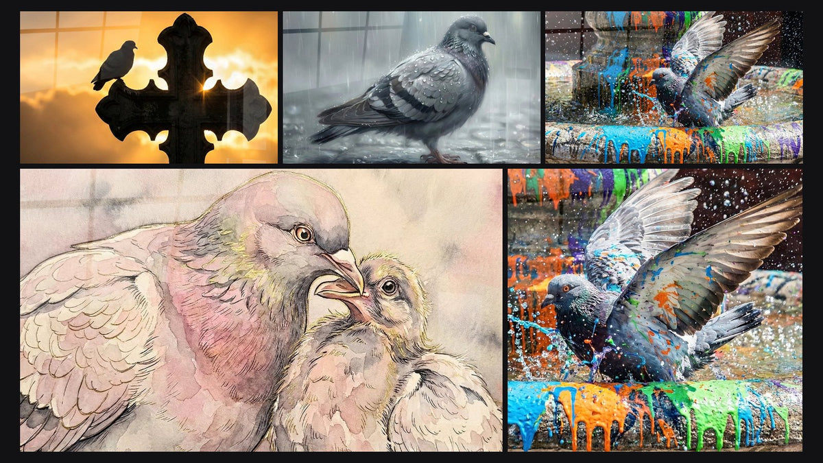Mosaic of five paintings, including Gray Pigeon in Urban Rain
