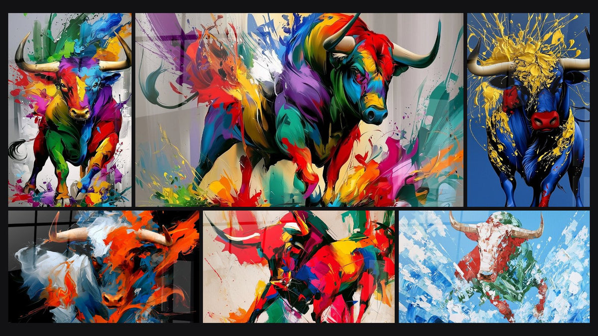 Mosaïque de six tableaux, dont Taureau rouge et vert aux éclats bleus