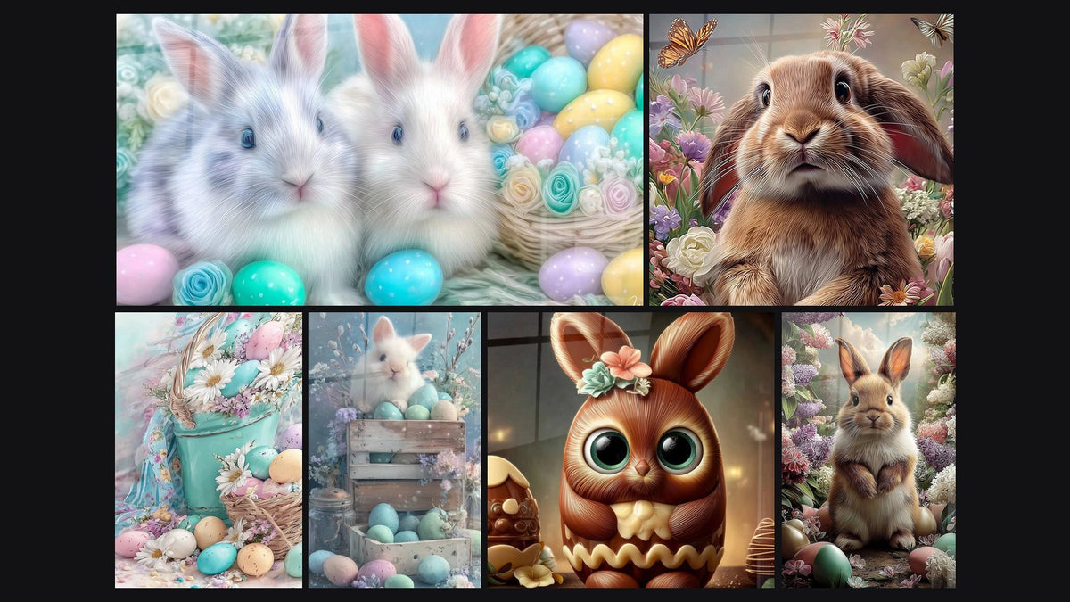 Mosaïque de six tableaux, dont Lapins Chasse Festive, Œufs Tradition Familiale et Lapin Innocence aux Yeux Doux