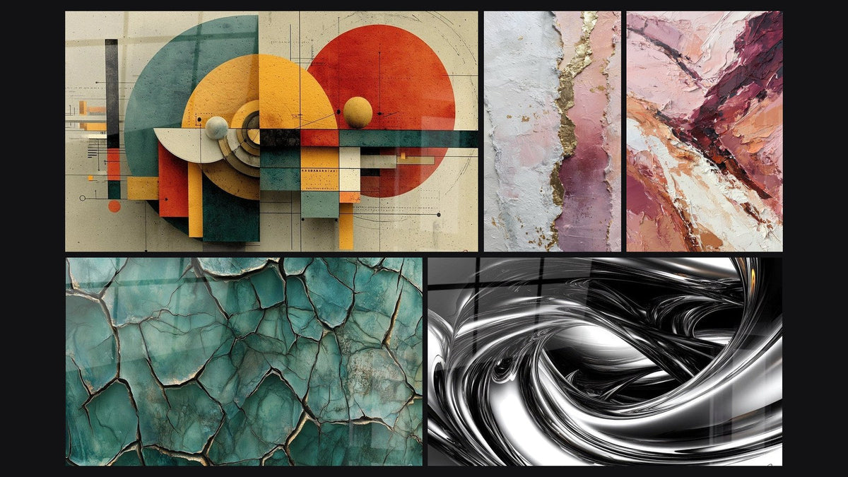 Mosaico di cinque quadri, tra cui Geometrico Rivoluzione Circolare, Terra Fratturata e Tourbillon metallico