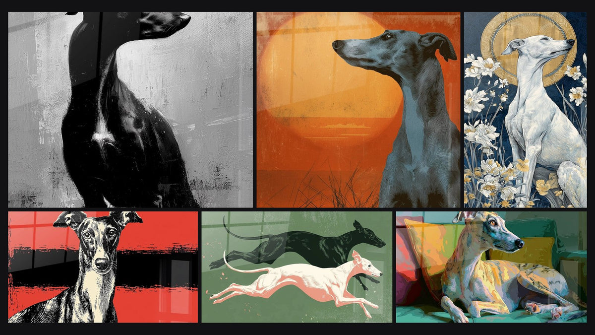 Mosaico di sei quadri, tra cui Levriero Whippet al Tramonto e Due Levrieri in Piena Corsa