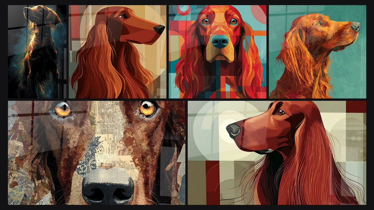 Mosaïque de six tableaux, dont Chien Assis Illuminé par la Lumière Dorée et Chien Roux aux Formes Géométriques