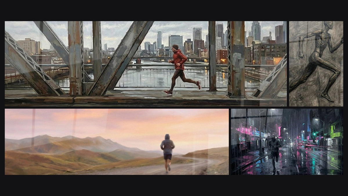 Mosaik aus vier Gemälden, darunter Panorama-Laufbild Läufer auf Metallbrücke und Läufer Berg Panoramisch