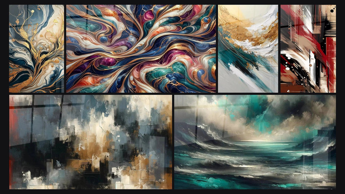 Mosaïque de six tableaux, dont Arbres d'Or Fluides, Cosmos Enchanté et Crête d'Or et d'Écume