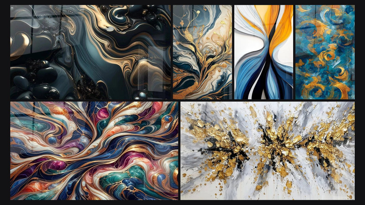 Mosaïque de six tableaux, dont Mystère des Profondeurs, Arbres d'Or Fluides et Cosmos Enchanté