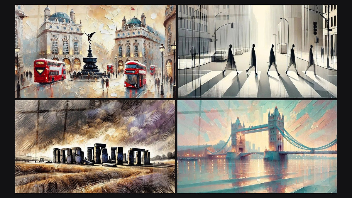 Mosaïque de quatre tableaux, dont Piccadilly Circus N°1, Beatles Abbey Road N°1 et Anglais N°2