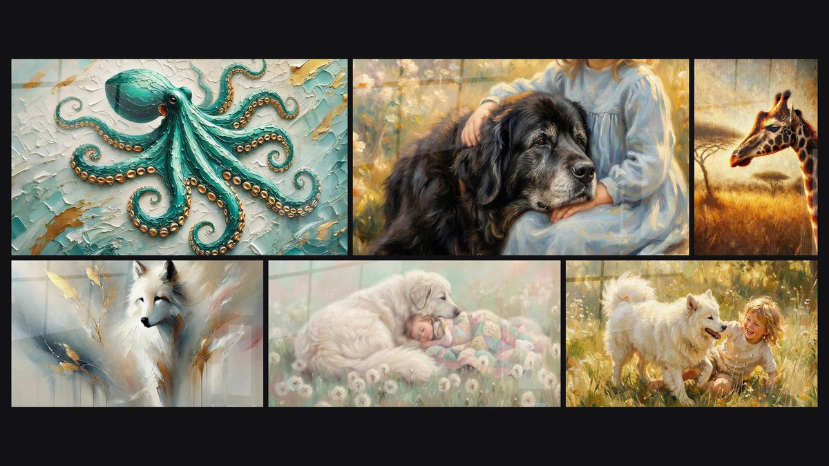 Mosaico di sei quadri, tra cui Smeraldo degli Abissi, Bianca Saggezza e Bambino e Cane Bianco in Prato Dorato