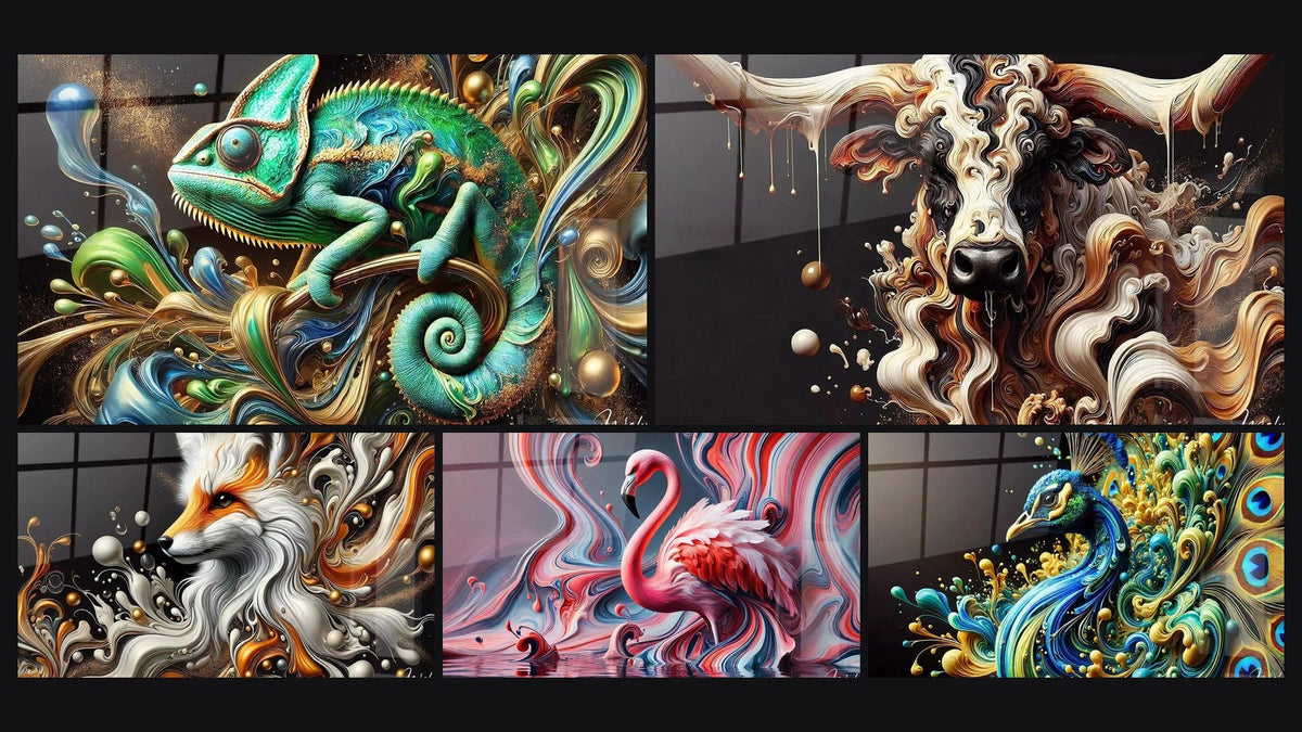 Mosaïque de cinq tableaux, dont Reflets d’Émeraude, Puissance et Grâce et Poésie Rousse