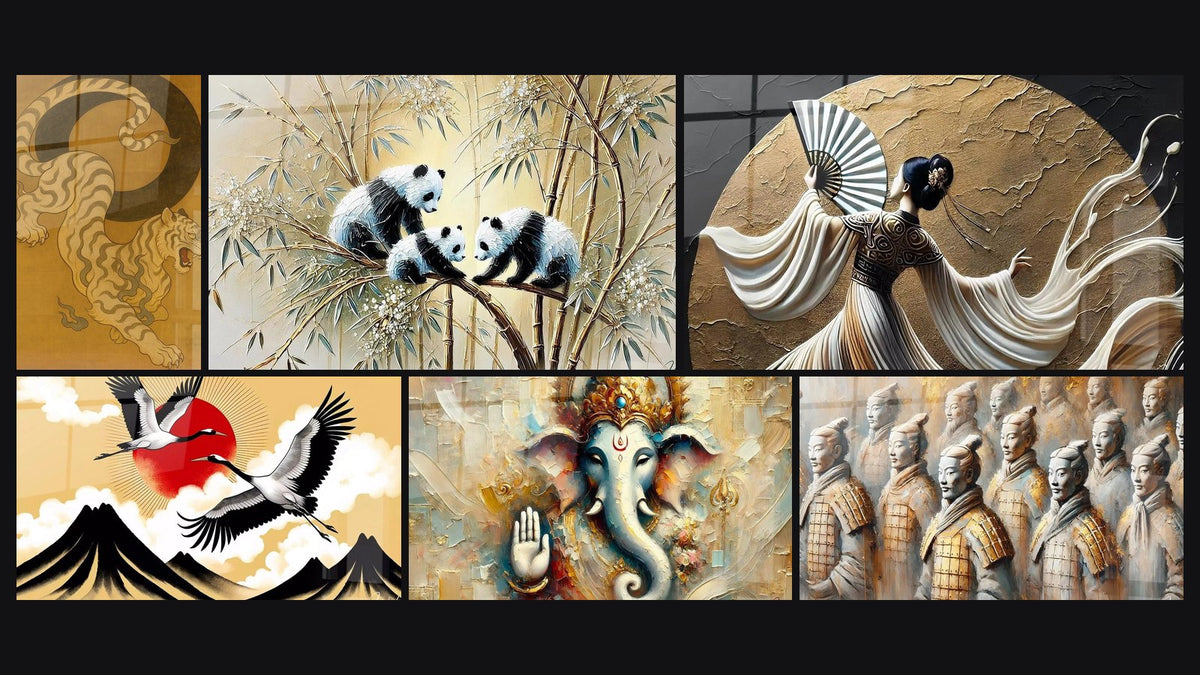 Mosaïque de six tableaux, dont Garde du Vide -Édition Chinois Asia, Envol Vers le Soleil et Gardiens du Bambou