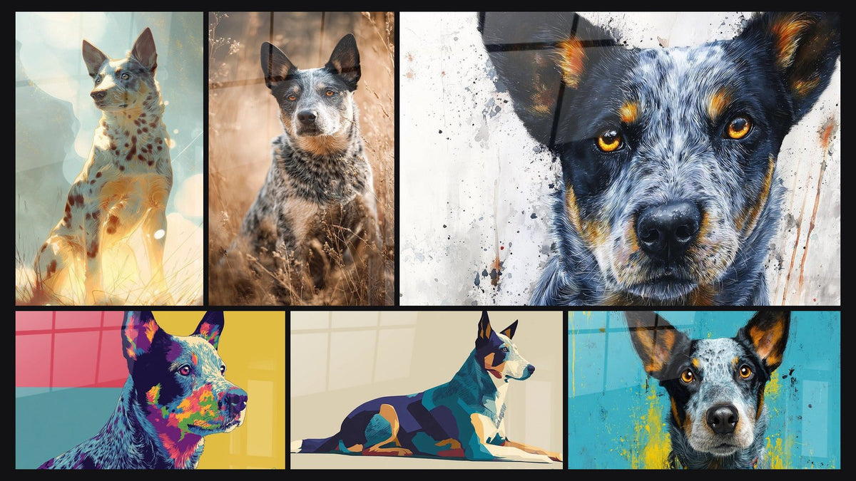 Mosaico di sei quadri, tra cui Cane Blu con Occhi Dorati e Cane Multicolore Ritratto Profilo