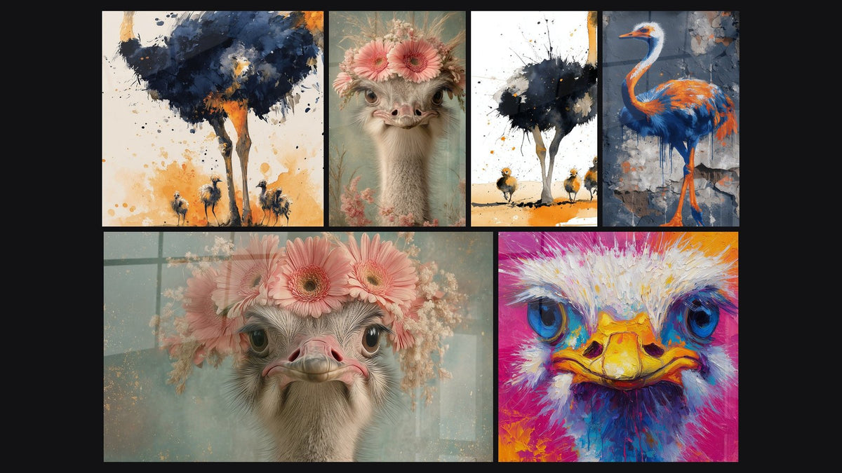 Mosaïque de six tableaux, dont Autruche Bleue et Orange sur Fond Grunge