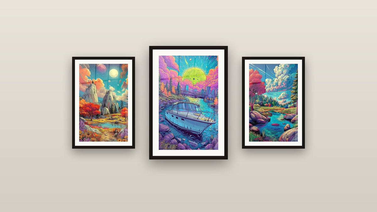 Galeriewand mit drei gerahmten Gemälden, darunter Fantastische Landschaft und Fantastische Landschaft Fluss