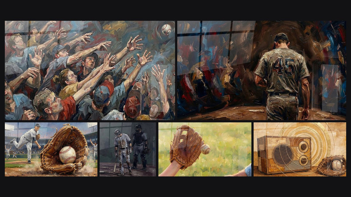 Mosaïque de six tableaux, dont Foule Baseball, Gant de Baseball Géant et Joueur Baseball Vestiaire
