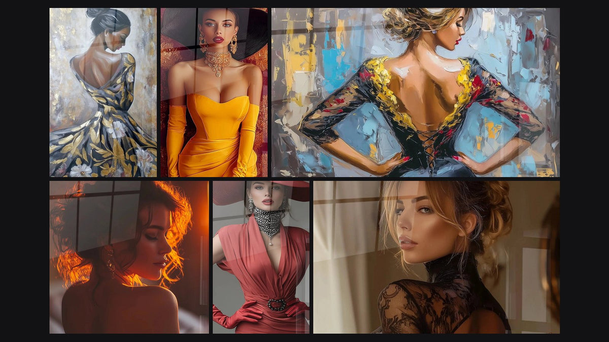 Mosaïque de six tableaux, dont Femme, Contemplation et Femme Fatale