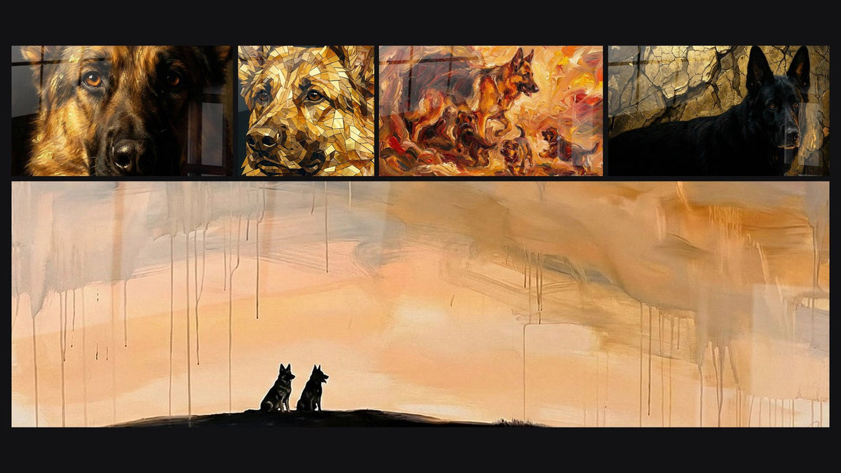 Mosaico di cinque quadri, tra cui Ritratto Pastore Tedesco con Occhi Ambrati e Ritratto Pastore Tedesco Mosaico Dorato
