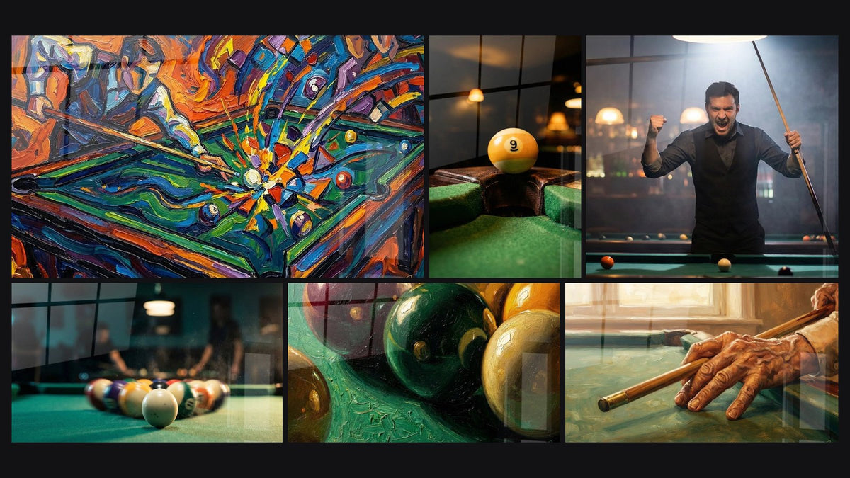 Mosaïque de six tableaux, dont Billard Expressionniste, Billard Boule 6 et Billard Américain