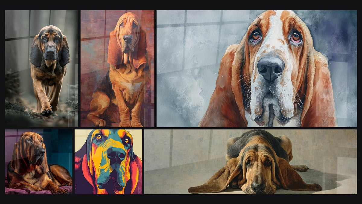 Mosaïque de six tableaux, dont Chien de Saint-Hubert en Mouvement et Portrait de Chien aux Couleurs Vibrantes
