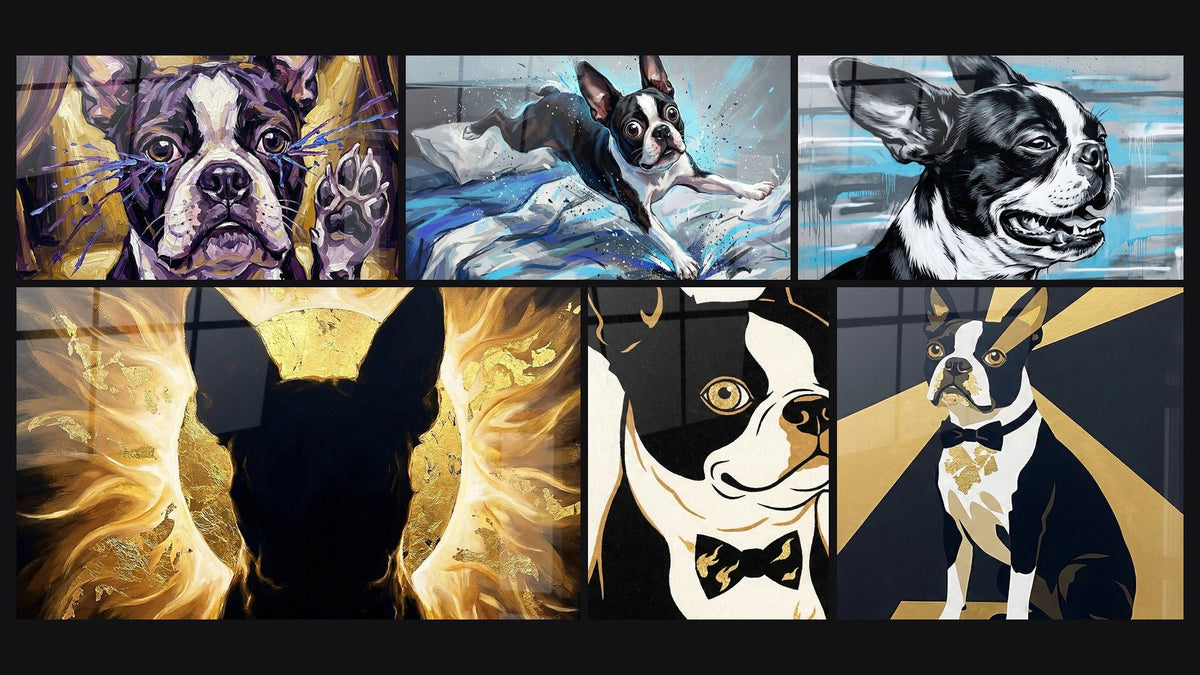 Mosaïque de six tableaux, dont Silhouette Noire sur Tourbillons Dorés et Chien Noir et Blanc Portrait Expressif