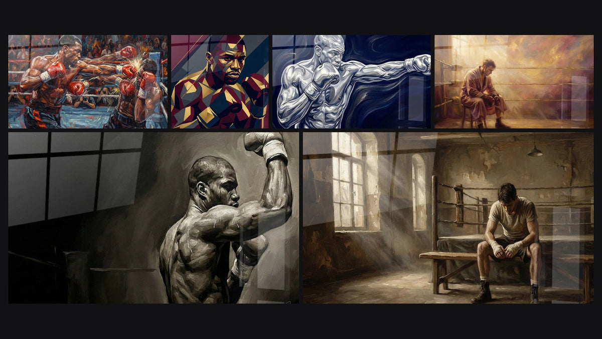 Mosaïque de six tableaux, dont Combat de Boxe Intense, Boxeur Portrait Géométrique et Boxeur Professionnel