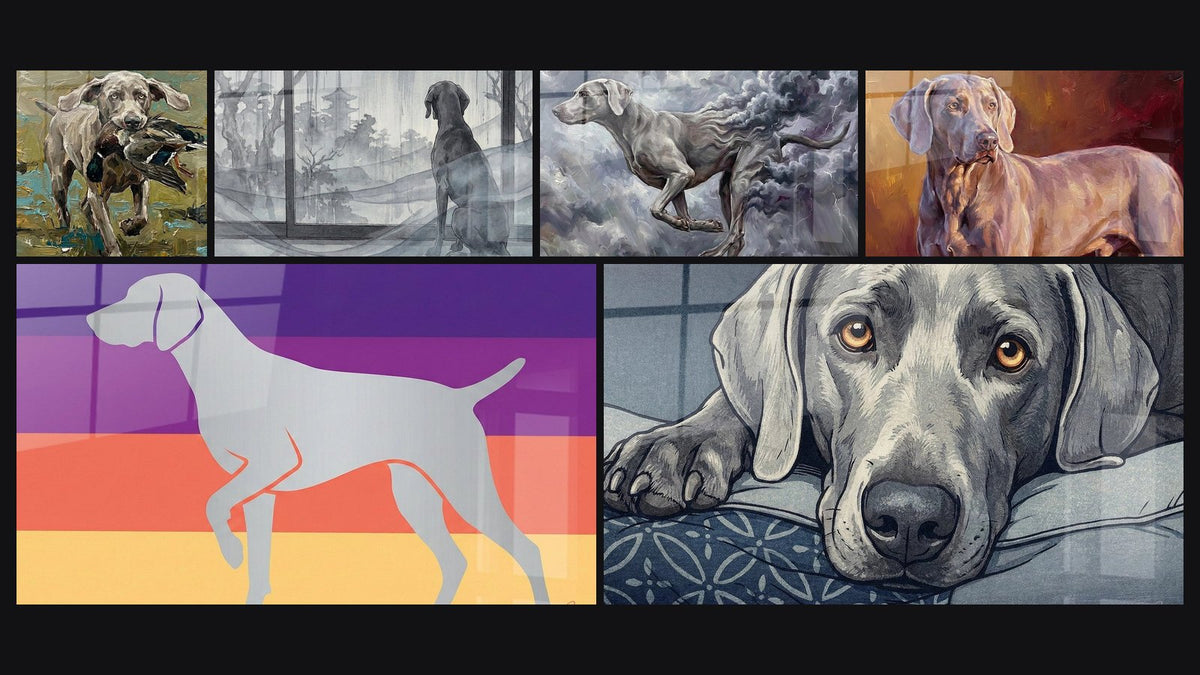 Mosaïque de six tableaux, dont Chien de Chasse au Canard Sauvage et Chien Gris au Regard Mélancolique