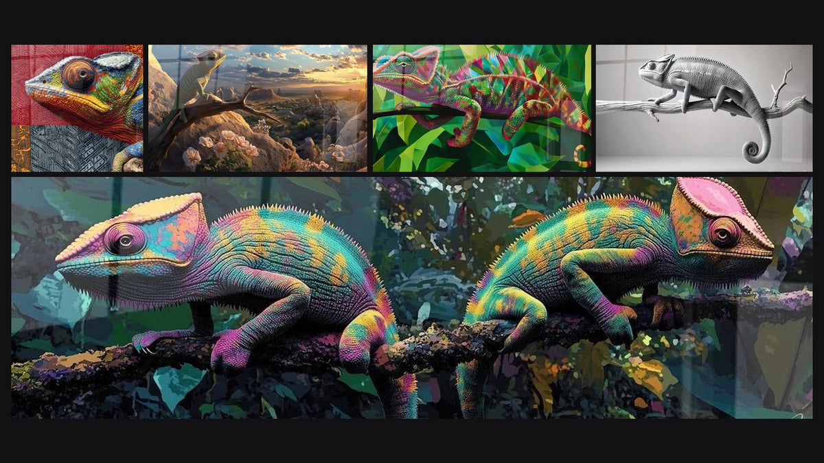 Mosaïque de cinq tableaux, dont Caméléon coloré sur fond géométrique et Caméléon maîtres du camouflage